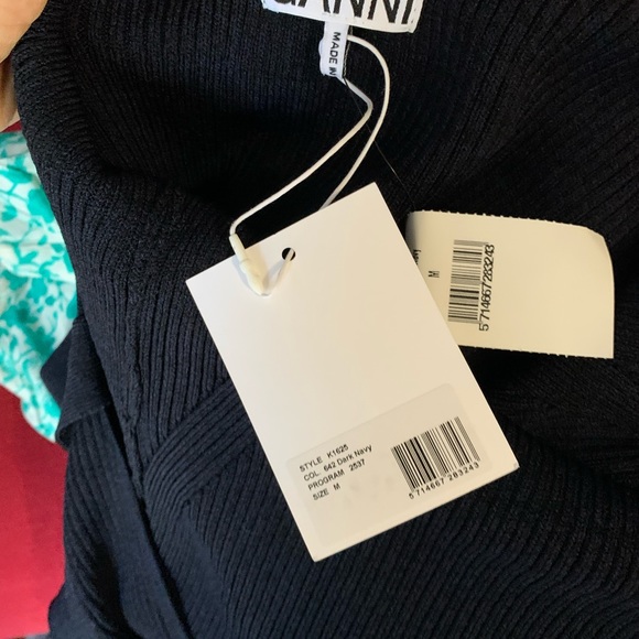 Ganni Open-Back Ruffled Rib-Knit Midi Dress dark navy sz medium NWT - Picture 15 of 16